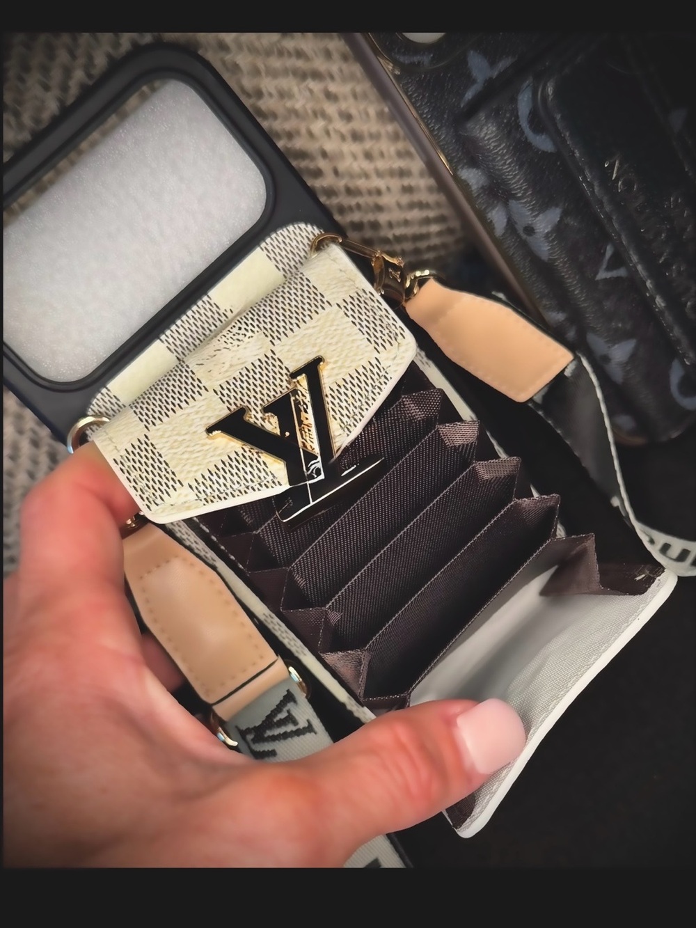 iPhone 17 Pro Max Checkered/Gold, Crossbody/Neck Strap Wallet Case - NEW!!